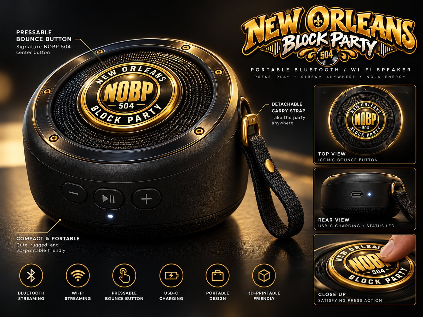 The Bounce Button Speaker: a round black and gold portable speaker with the NOBP 504 crest as a pressable button on top, a detachable carry strap, and volume and play controls on the front.